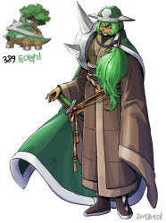 1girl artist_name black_boots boots brown_eyes cape commentary creature_and_personification creatures_(company) dark_skin duplicate game_freak gen_4_pokemon green_cape green_hair green_hat hair_between_eyes hair_tubes hat helmet highres long_hair nintendo personification photoshop_(medium) pokedex_number pokemon pokemon_(creature) sheath sheathed shoulder_spikes simple_background solo spiked_boots spikes sword tamtamdi torterra weapon white_background
