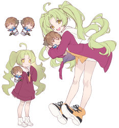 Rule 34 | 1girl, achan (blue semi), ahoge, ao no kiseki, character doll, curtained hair, doll, eiyuu densetsu, floating hair, full body, green hair, hugging doll, hugging object, jacket, kea (eiyuu densetsu), lloyd bannings, long hair, looking at viewer, open mouth, parted bangs, shoes, shorts, simple background, smile, sneakers, stuffed toy, twintails, white background, yellow eyes, zero no kiseki