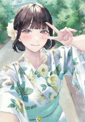 1girl animification aqua_sash blunt_bangs blush closed_mouth commentary floral_print floral_print_kimono green_kimono highres japanese_clothes kan_kanna kimono looking_at_viewer obi obijime print_kimono real_life saidamoosu sash short_hair sidelocks smile solo split_mouth symbol-only_commentary three-quarter_sleeves upper_body v v_over_eye voice_actor