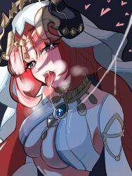 1girl alternate_breast_size black_horns blue_brooch blush breasts breath brooch commentary_request dang0r0moti dark_background detached_sleeves fake_horns genshin_impact harem_outfit head_tilt heart highres horns jewelry large_breasts long_hair looking_at_viewer low_twintails neck_ribbon nilou_(genshin_impact) purple_eyes red_hair ribbon saliva saliva_trail solo teeth tongue tongue_out twintails underboob upper_body upper_teeth_only veil white_sleeves white_veil