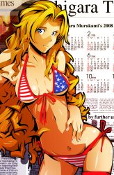 00s 1girl 2008 absurdres american_flag american_flag_bikini american_flag_print bad_id bad_pixiv_id bikini blonde_hair blue_eyes breasts calendar curly_hair earrings female_focus flag_print flag_print_bikini front-tie_top highres i_(4319) jewelry long_hair navel original parted_bangs print_bikini side-tie_bikini_bottom sideboob skindentation smile solo star_(symbol) striped_bikini striped_clothes swimsuit underboob united_states