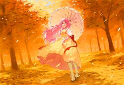 1girl absurdres artist_request autumn back_bow blue_sky blunt_bangs bow chinese_commentary commentary_request day dress eyelashes falling_leaves floating_clothes floating_hair footwear_bow forest frilled_umbrella frills full_body happy highres holding holding_umbrella leaf long_dress long_hair long_sleeves mary_janes nature nikki_(nikki) nikki_(series) offering_hand open_mouth outdoors outstretched_hand palms pantyhose parasol pinafore_dress pink_eyes pink_hair pleated_skirt puffy_long_sleeves puffy_sleeves red_bow second-party_source shade shadow shirt shoes skirt sky sleeveless sleeveless_dress sleeves_past_wrists smile solo standing umbrella umbrella_over_shoulder very_long_hair white_shirt white_umbrella wind yellow_bow yellow_dress yellow_pantyhose yellow_shoes