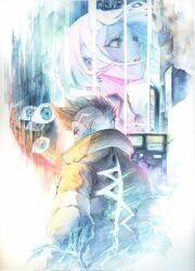 Rule 34 | 1boy, 1girl, blue eyes, brown eyes, brown hair, commentary, cyberpunk (series), cyberpunk edgerunners, david martinez, eyeliner, highres, jacket, looking up, lucy (cyberpunk), makeup, mohawk, painting (medium), parted lips, pink eyes, red eyeliner, s.tokimura, short hair, standing, traditional media, undercut, watercolor (medium), white hair, yellow jacket