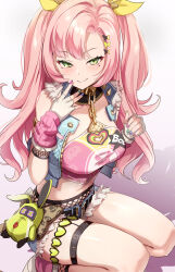 1girl absurdres amillion_(zenless_zone_zero) bangboo_(zenless_zone_zero) breasts choker crop_top cutoffs cyclone_tarou denim denim_shorts denim_vest fingerless_gloves fishnet_sleeves fishnet_socks fishnets fur-trimmed_vest fur_trim gloves green_eyes hair_ribbon highres jacket jewelry large_breasts leg_warmers long_hair looking_at_viewer micro_shorts midriff mole mole_under_eye multicolored_nails nicole_demara nicole_demara_(cunning_cutie) official_alternate_costume pink_arm_warmers pink_hair pink_leg_warmers pink_tube_top ribbon shirt shorts smile socks squatting strapless thighs tube_top two_side_up vest zenless_zone_zero