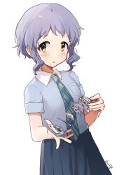 1girl absurdres blue_shirt blue_skirt blush breasts card checkered_necktie hands_up highres idolmaster idolmaster_million_live! looking_at_viewer makabe_mizuki necktie nnnn open_mouth purple_hair shirt short_hair short_sleeves shuffling_cards sidelocks signature skirt small_breasts solo upper_body wavy_hair white_background yellow_eyes