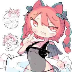Rule 34 | animal ears, black bow, black one-piece swimsuit, blush, bow, braid, breasts, cat, cat ears, cat girl, cleavage, commentary, fang, groin, hair bow, highres, innertube, kaenbyou rin, kourihase, long hair, looking at viewer, multiple tails, multiple views, navel, one-piece swimsuit, open mouth, red hair, side braids, simple background, skin fang, swim ring, swimsuit, tail, touhou, twin braids, two tails, white background