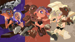 Rule 34 | aqua eyes, bike shorts, black leggings, black shorts, brown eyes, brown hair, brown shoes, brown sleeves, brown sneakers, chocolate, closed eyes, closed mouth, collarbone, commentary request, dark-skinned male, dark chocolate, dark skin, dated commentary, dolphin shorts, dress shoes, earrings, fangs, grey eyes, grey hat, grey shorts, hand on own leg, happy, hat, highres, holding, holding own hair, inkling, inkling boy, inkling girl, inkling player character, inoue seita, jewelry, knit hat, leggings, looking at another, nintendo, no lineart, octoling, octoling boy, octoling girl, octoling player character, official art, one eye closed, parted bangs, pointy ears, print shirt, purple eyes, purple hair, purple shirt, purple sleeves, red eyes, second-party source, shirt, shoe soles, shoes, short twintails, shorts, side slit, side slit shorts, sideburns, sidelocks, smile, sneakers, splatoon (series), splatoon 3, split mouth, suction cups, tentacle hair, thick eyebrows, tie-dye, twintails, two-tone hat, white chocolate, white hair, white shirt, white shoes, white sleeves, white sneakers