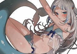 1girl arm_up bikini blue_bikini blue_eyes blue_hair blunt_bangs blush breasts closed_mouth fins fish_tail frills gawr_gura grey_hair hair_ornament hololive hololive_english long_hair looking_at_viewer multicolored_hair navel see-through_clothes shark_girl shark_hair_ornament shark_tail simple_background small_breasts smile solo stomach streaked_hair swimsuit tail takeno_omoti two_side_up virtual_youtuber white_background