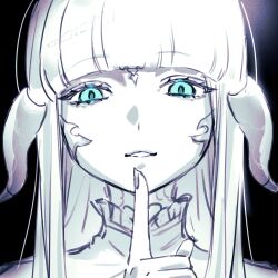1girl au_ra backward-facing_horns blue_eyes blue_theme blunt_bangs final_fantasy final_fantasy_xiv highres horns index_finger_raised looking_at_viewer millimetre_0 monochrome portrait smile solo warrior_of_light_(ff14)