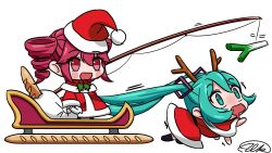 2girls :d absurdres alk_alexray21 antlers baguette blue_eyes blue_hair blush bread chibi chibi_only crawling deer_antlers dress drill_hair drooling fishing_rod flower food fur-trimmed_dress fur-trimmed_headwear fur_trim hair_between_eyes hat hatsune_miku highres horns kasane_teto kasane_teto_(sv) meme mistletoe multiple_girls open_mouth padoru_(meme) poinsettia pom_pom_(clothes) red_dress red_eyes red_hair sack santa_costume santa_dress santa_hat simple_background sleigh smile solid_oval_eyes spring_onion synthesizer_v twin_drills twintails utau vocaloid white_background
