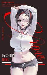1girl ;o absurdres arms_up black_choker black_hair breasts brown_background choker commentary cover cowboy_shot crow_(nikke) dolphin_shorts english_text fake_magazine_cover goddess_of_victory:_nikke green_eyes highres large_breasts magazine_cover midriff multicolored_hair navel one_eye_closed red_hair short_hair shorts solo streaked_hair thighs two-tone_hair uyuri_(89976220) white_hood