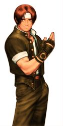 1boy abs belt black_hair capcom_vs_snk curtained_hair fingerless_gloves game_cg gloves hand_up headband highres jacket kusanagi_kyou light_smile looking_to_the_side male_focus mori_toshiaki muscular muscular_male non-web_source official_art open_clothes open_jacket short_hair sleeveless sleeveless_jacket smile solo the_king_of_fighters white_background white_headband white_undershirt