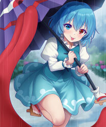 1girl :p blue_hair blue_skirt blue_vest blush breasts cowboy_shot flower geta heterochromia highres holding holding_umbrella hydrangea juliet_sleeves karakasa_obake kisaragi_koushi long_sleeves looking_at_viewer medium_breasts outdoors puffy_sleeves purple_umbrella rain red_eyes sandals shirt short_hair skirt socks solo standing standing_on_one_leg tabi tatara_kogasa tongue tongue_out touhou umbrella vest white_shirt white_socks