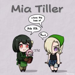 2girls ahoge apron black_hair black_tank_top blonde_hair blush_stickers chibi chibi_only clothes_around_waist dress_shirt ear_piercing english_text eye_contact fang flower_pot green_apron green_pants green_shirt grey_shorts hair_over_one_eye hair_ribbon hair_rings highres holding holding_flower_pot holding_shovel jacket jacket_around_waist krakelak long_hair long_sleeves looking_at_another love_live! love_live!_nijigasaki_high_school_idol_club mario_(series) mia_taylor mifune_shioriko mole mole_under_eye multiple_girls nintendo no_mouth one_eye_covered pants piercing pink_hair piranha_plant plant plantification potted_plant pun purple_eyes red_eyes ribbon sharp_teeth shirt short_hair shorts shovel smile solid_oval_eyes speech_bubble tank_top teeth text_focus twitter_username zhong_lanzhu