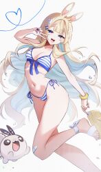 1girl :d absurdres animal_ears bikini blonde_hair blue_eyes blue_nails breasts highres indie_virtual_youtuber long_hair medium_breasts nail_polish navel open_mouth rabbit_ears sandals scrunchie side-tie_bikini_bottom smile solo striped_bikini striped_clothes swimsuit toenail_polish toenails v very_long_hair virtual_youtuber wrist_scrunchie yenko_(vtuber) yoclesh