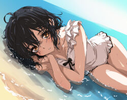 1girl 22/7 ahoge black_hair blush breasts brown_eyes casual_one-piece_swimsuit collarbone commentary_request cowboy_shot day dutch_angle eyelashes frilled_one-piece_swimsuit frills hair_between_eyes hands_up highres kurubushinenza looking_at_viewer lying medium_breasts medium_hair ocean on_side one-piece_swimsuit outdoors parted_lips solo swimsuit takigawa_miu thighs wet wet_hair white_one-piece_swimsuit