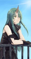1girl arknights bare_shoulders black_gloves black_shirt closed_mouth commentary day facial_scar gloves highres horns hoshiguma_(arknights) looking_afar outdoors piroropepon railing scar scar_on_cheek scar_on_face shirt single_horn sleeveless sleeveless_shirt smile solo yellow_eyes