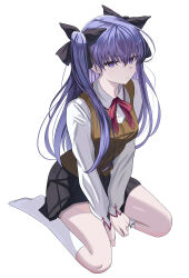 absurdres alternate_universe black_skirt breaker_gorgon brown_vest child command_spell contemporary corruption cosplay dark_persona fate/stay_night fate_(series) hair_ribbon heaven&#039;s_feel highres homurabara_academy_school_uniform long_hair long_legs matou_sakura matou_sakura_(cosplay) multiple_girls neck_ribbon print_ribbon purple_eyes purple_hair red_ribbon ribbon role_reversal scar school_uniform shokobr siblings sisters skirt thighhighs tohsaka_rin two_side_up vest