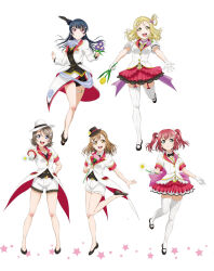 5girls :d aqua_eyes artbook ascot black_bow black_feathers blonde_hair blue_eyes blue_hair bow bowtie braid brown_hair crown_braid feather_hair_ornament feathers floating_hair flower full_body garter_straps gloves grey_hair grin hair_bun hair_ornament hand_on_own_hip hat high_heels highres holding holding_flower jacket kunikida_hanamaru kurosawa_ruby layered_skirt leg_up long_hair long_sleeves looking_at_viewer love_live! love_live!_sunshine!! mini_hat miniskirt multiple_girls non-web_source official_art ohara_mari open_mouth outstretched_arm pink_flower pleated_skirt purple_eyes purple_flower red_eyes red_hair red_shorts red_skirt rose shirt shoes short_hair short_shorts short_sleeves shorts simple_background skirt smile standing standing_on_one_leg thigh_strap thighhighs tsushima_yoshiko twintails two_side_up vest watanabe_you white_background white_flower white_gloves white_jacket white_shorts yellow_eyes yellow_flower zettai_ryouiki