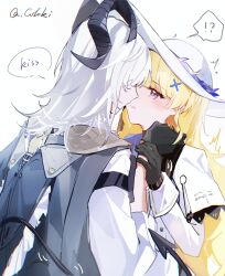 !? 2girls absurdres artist_name black_gloves black_horns black_jacket black_tail blonde_hair blush chromatic_aberration coloki commentary curled_horns demon_tail english_commentary english_text gloves hair_ornament hat highres horns imminent_kiss jacket jacket_on_shoulders long_hair long_sleeves looking_at_another multiple_girls phoebe_(wuthering_waves) purple_eyes shirt simple_background spoken_interrobang tail trembling white_background white_hair white_hat white_shirt wuthering_waves x_hair_ornament yuri zani_(wuthering_waves)