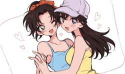 2girls aqua_camisole ba_ko bare_shoulders baseball_cap blush breasts brown_hair camisole cleavage green_eyes hair_between_eyes hair_ribbon hat holding_hands interlocked_fingers long_hair looking_at_viewer medium_breasts meitantei_conan mouri_ran multiple_girls one_eye_closed open_mouth orange_ribbon parted_bangs ponytail purple_eyes ribbon smile tooyama_kazuha upper_body white_background white_hat yellow_camisole