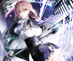 Rule 34 | 1girl, armor, black gloves, black skirt, breasts, collared shirt, cowboy shot, earrings, glasses, gloves, hair between eyes, high-waist skirt, highres, holding, holding polearm, holding weapon, hourglass earrings, jewelry, komesiwo syumi, large breasts, long hair, naginata, outdoors, parted lips, pencil skirt, pink eyes, pink hair, polearm, ring hair ornament, shirt, shoulder armor, skirt, tsukishiro yanagi, weapon, white shirt, zenless zone zero