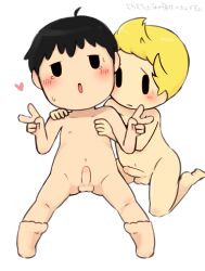 2boys bad_tag black_hair blonde_hair blush closed_mouth completely_nude double_v embarrassed erection heart japanese_text kasugai_(de-tteiu) kneeling looking_at_viewer lucas_(mother_3) male male_focus mother_(series) mother_2 mother_3 multiple_boys navel nervous ness_(mother_2) nintendo nipples nude open_mouth penis short_hair shota shy sitting sweat tears testicles v white_background yaoi