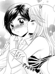 Rule 34 | 2girls, alternate costume, blush, button shirt, kissing cheek, collared shirt, cosplay, couple, girl friends (manga), greyscale, kiss, kumakura mariko, long hair, lum, lum (cosplay), monochrome, morinaga milk, moroboshi ataru, moroboshi ataru (cosplay), multiple girls, official art, oohashi akiko, shirt, short hair, surprised, yuri