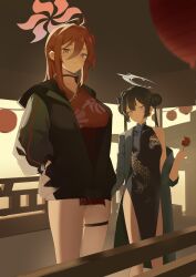 2girls absurdres ahoge black_dress black_hair blue_archive blue_eyes breasts candy_apple china_dress chinese_clothes closed_mouth covered_navel double_bun dress expressionless food green_jacket grey_jacket hair_between_eyes hair_bun hands_in_pockets highres holding_candy_apple jacket kisaki_(blue_archive) light_smile long_hair looking_at_viewer multiple_girls off_shoulder red_dress red_eyes red_hair reijo_(blue_archive) revision sidelocks single_bare_shoulder smile striped_clothes striped_jacket thigh_strap toriko_(honmono) twintails vertical-striped_clothes vertical-striped_jacket