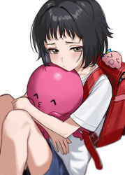 1girl 1other ^_^ amamiyayk animal animal_hug backpack bag black_hair blue_shorts brown_eyes closed_eyes feet_out_of_frame frown gotoh_hitori gotoh_hitori_(octopus) hashtag-only_commentary highres hugging_own_legs kuze_shizuka light_blush octopus randoseru shirt short_hair shorts sitting takopii_no_genzai white_background white_shirt
