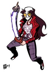 1girl black_hair brown_gloves commentary covered_mouth energy_sword english_commentary female_focus full_body genderswap genderswap_(mtf) gloves high_contrast jacket kajou_ayame long_hair long_sleeves no_more_heroes object_on_head panties panties_on_head pants panty_mask red_footwear red_jacket scruffyturtles shimoneta_to_iu_gainen_ga_sonzai_shinai_taikutsu_na_sekai shirt simple_background single_glove smile smirk solo sunglasses sword t-shirt tinted_eyewear toon_(style) transparent_background travis_touchdown underwear unmoving_pattern v-shaped_eyebrows weapon white_panties yellow-tinted_eyewear