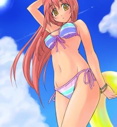 1girl :o aircraft airplane bikini blush bracelet breasts cloud contrail covered_erect_nipples day female_focus front-tie_top innertube itoji jet jewelry long_hair looking_at_viewer medium_breasts multicolored_stripes original pink_hair side-tie_bikini_bottom sky solo striped_bikini striped_clothes swim_ring swimsuit yellow_eyes