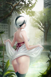 1girl 2b_(nier:automata) absurdres ass back backless_dress backless_outfit bare_back bare_shoulders black_hairband blindfold breasts building closed_mouth clothes_lift cloud commentary_request covered_eyes cowboy_shot day dress dress_lift female_focus from_behind grass hair_over_eyes hairband highres holding holding_unworn_clothes holding_unworn_dress lake leaf legs_together lifting_own_clothes light_smile looking_at_viewer looking_back medium_breasts naojiang_tangyuan nier:automata nier_(series) nose outdoors overgrown panties plant post-apocalypse red_ribbon ribbon ruins sash scenery short_hair shoulder_blades skirt skirt_hold skirt_lift sky solo standing thong tree twisted_neck underwear water white_dress white_panties