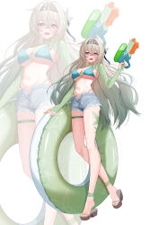 1girl absurdres bikini black_hairband blue_bikini breasts commentary denim denim_shorts firefly_(honkai:_star_rail) full_body gradient_hair green_hair green_innertube grey_hair hairband highres holding holding_swim_ring holding_water_gun honkai:_star_rail honkai_(series) innertube large_breasts long_hair multicolored_hair sandals shorts smile swim_ring swimsuit themaree thigh_strap toes two-tone_hair unbuttoned water_gun zoom_layer