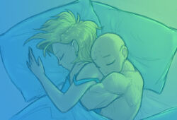 Rule 34 | 1boy, 1girl, android 18, bald, bald male, bed, blonde hair, couple, dragon ball, hug, hug from behind, husband and wife, kuririn, muscular, muscular male, pillow, sleeping