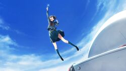1girl belt belt_buckle black_shoes blue_sailor_collar blue_skirt blue_sky blue_socks bow brown_hair buckle chest_bow chuo_tanegashima_high_school_uniform chuo_tanegashima_high_winter_school_uniform clenched_hand closed_eyes clothes_lift cloud cloudy_sky cropped_shirt day dutch_angle floating_clothes fukuda_tomonori game_cg grey_shirt hair_between_eyes happy high-waist_skirt high_ponytail highres holding holding_removed_eyewear jumping kneehighs knees loafers non-web_source official_art open_mouth outdoors pleated_skirt ponytail ponytail_with_braided_base red-framed_eyewear red_bow robotics;notes sailor_collar school_uniform senomiya_akiho shirt shoes skirt skirt_lift sky socks solo teeth thick_thighs thighs tongue unworn_eyewear upper_teeth_only
