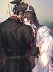 Rule 34 | 2boys, absurdres, anal, beads, biting shoulder, black hair, black hanfu, black hat, black sash, brown hair, cape, chinese clothes, chu wanning, clenched hand, closed eyes, clothed sex, cum, cum on body, cum on legs, earrings, erha he ta de bai mao shizun, guan hat, hand on another&#039;s leg, hanfu, hat, high ponytail, highres, jewelry, long hair, long sleeves, male focus, male penetrated, mian guan, mo ran, multiple boys, no pants, ponytail, sash, see-through cape, see-through clothes, sex, shoes, stud earrings, suspended congress, taxian-jun, tears, white hanfu, white shoes, xiao guan (headdress), yaoi, zehel az