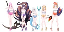 5girls alternate_costume black_tiara blonde_hair blue_eyes blue_hair blunt_bangs blush breasts camisole chef_hat commentary dadangge dolphin_shorts fins fish_tail gawr_gura gradient_hair green_hair grey_hair halo hand_on_own_hip hat highres holding holding_magnifying_glass holding_polearm holding_scythe holding_sword holding_weapon hololive hololive_english holomyth large_breasts long_hair looking_at_viewer magnifying_glass medium_breasts midriff mori_calliope multicolored_hair multiple_girls multiple_hats navel ninomae_ina&#039;nis orange_hair pink_eyes pink_hair pointy_ears polearm purple_eyes purple_hair scythe shark_girl shark_tail shield shorts small_breasts smile stethoscope stethoscope_around_neck streaked_hair sword symbol-only_commentary tail takanashi_kiara tentacles tiara trident virtual_youtuber watson_amelia weapon white_background white_camisole