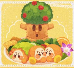 Rule 34 | blush stickers, brown eyes, commentary, food, fruit, highres, kirby (series), lemon, lemon slice, lettuce, nintendo, no humans, tokkakyou, tree, twitter username, waddle dee, whispy woods, yellow background