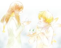 1boy 1girl backpack bag blonde_hair blush brown_hair rabbit coat closed_eyes faux_traditional_media friends from_side fruits_basket furi_(ika27) happy honda_tooru long_sleeves pale_color scarf short_hair smile snow_rabbit sohma_momiji