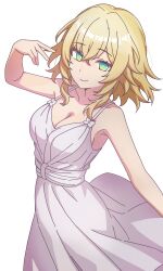 1girl aglaea_(honkai:_star_rail) alternate_costume bare_arms bare_shoulders blonde_hair breasts cleavage commentary cowboy_shot dress english_commentary green_eyes hair_between_eyes highres honkai:_star_rail honkai_(series) looking_at_viewer medium_breasts prickly-chan_(ycactussprout) short_hair simple_background sleeveless sleeveless_dress smile solo spaghetti_strap standing white_background white_dress