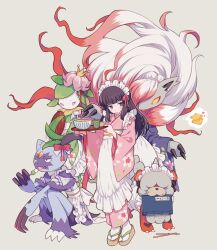1girl akari_(pokemon) apron blush bow claws closed_mouth fangs flower frilled_apron frills furry highres hisuian_growlithe hisuian_lilligant hisuian_zoroark holding holding_tray japanese_clothes kimono komasawa_(fmn-ppp) long_hair long_sleeves looking_at_viewer maid maid_apron maid_headdress nintendo open_mouth pokemon pokemon_(creature) pokemon_legends:_arceus sitting sneasler standing tray wa_maid white_apron wide_sleeves yellow_eyes