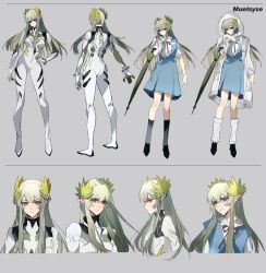 1girl alternate_costume arknights black_shoes blue_dress bodysuit brown_eyes brown_hair character_name dress elf grey_background head_wreath highres lillizzy long_hair mecha_pilot_suit muelsyse_(arknights) plugsuit_(evangelion) pointy_ears school_uniform shirt shoes socks tokyo-3_middle_school_uniform white_bodysuit white_shirt