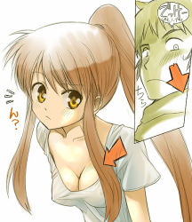 10s 1boy 1girl alternate_hairstyle arrow_(symbol) blush breasts brown_hair cleavage covered_erect_nipples downblouse kikumaru_bunta kyon long_hair looking_at_breasts medium_breasts official_alternate_hair_length official_alternate_hairstyle ponytail simple_background suzumiya_haruhi suzumiya_haruhi_no_shoushitsu suzumiya_haruhi_no_yuuutsu translated upper_body white_background yellow_eyes