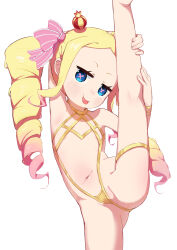 1girl areola_slip ass bare_shoulders beatrice_(umineko) blonde_hair blue_eyes blush bow crown drill_hair flat_chest flexible groin head_tilt heart heart-shaped_pupils kinn_(kinn70133) leg_lift leg_up loli long_hair looking_at_viewer mini_crown multicolored_hair navel parted_bangs re:zero_kara_hajimeru_isekai_seikatsu ribbon sidelocks simple_background smile solo split spread_legs standing standing_on_one_leg standing_split striped_bow swimsuit symbol-shaped_pupils tilted_headwear tongue tongue_out twin_drills twintails two-tone_hair very_long_hair white_background