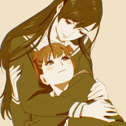 2girls 55bata6rou black_hair black_shirt brown_eyes brown_hair eye_contact fukuzawa_yumi highres hug long_hair long_sleeves looking_at_another looking_down looking_up lying_on_person maria-sama_ga_miteru multiple_girls ogasawara_sachiko sailor_collar school_uniform serafuku shirt simple_background smile twintails white_sailor_collar yuri