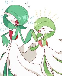 1boy 1girl :o ^^^ ^_^ blush bob_cut closed_eyes colored_skin ear_blush embarrassed flat_chest gardevoir gen_3_pokemon green_hair green_skin hair_over_one_eye hand_up happy hetero holding_hands interlocked_fingers leg_up monya multicolored_skin nervous nintendo nose_blush notice_lines one_eye_covered open_mouth pokemon pokemon_(creature) red_eyes short_hair simple_background smile standing standing_on_one_leg surprised sweat trap two-tone_skin white_background white_skin wide-eyed