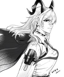 Rule 34 | 1girl, absurdres, arm pouch, breasts, chest harness, choker, closed mouth, collared shirt, commentary, curled horns, earrings, from side, greyscale, harness, highres, horns, jacket, jacket on shoulders, jewelry, key earrings, lanse chanming, large breasts, long hair, looking at viewer, mole, mole under eye, monochrome, necktie, shirt, simple background, solo, upper body, white background, wuthering waves, zani (wuthering waves)