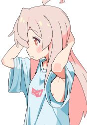 1girl ahoge arms_behind_head bare_arms blush_stickers breasts commentary from_side frown hands_up highres long_hair no_bra noyama_takenoko onii-chan_wa_oshimai! oversized_clothes oversized_shirt oyama_mahiro pink_hair shirt short_sleeves sideboob simple_background small_breasts solo t-shirt up_sleeve upper_body very_long_hair white_background white_shirt