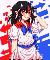1girl arrow_(symbol) black_hair bow dress female_focus hair_between_eyes hanaarts highres horns kijin_seija medium_hair multicolored_hair red_eyes red_hair shirt skirt solo streaked_hair touhou white_dress white_hair white_shirt